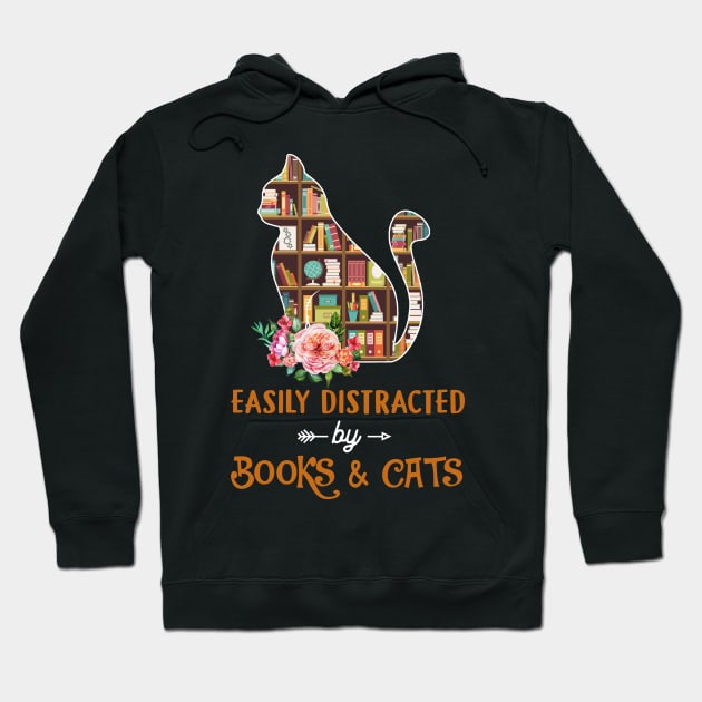 Easily Distracted By Books And Cats T-shirt Hoodie by Elsie